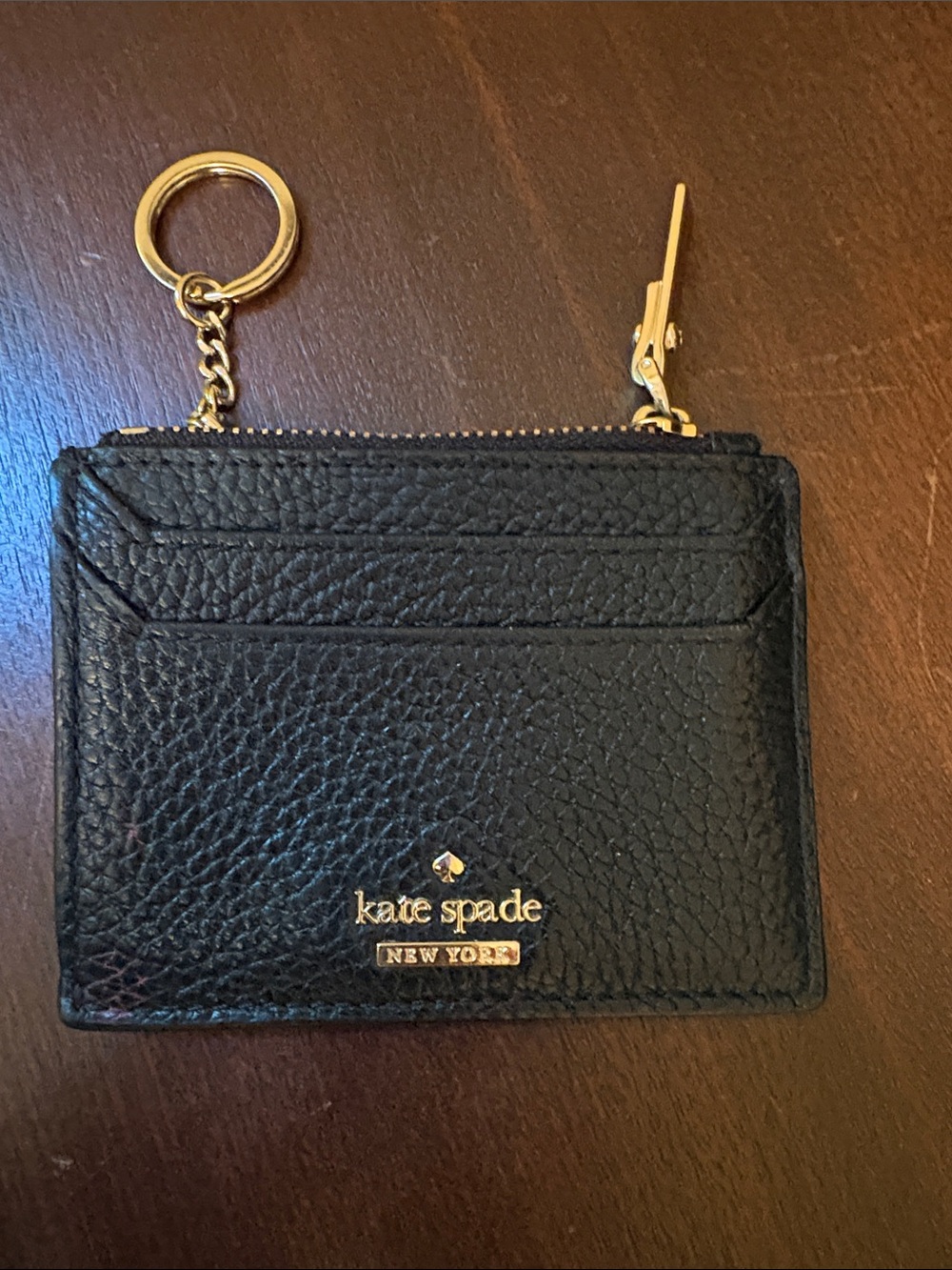 kate spade Black Pebbled Leather Card Holder with Gold Key Ring